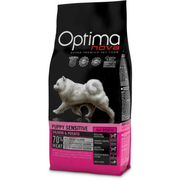 Visán Optimanova Dog Puppy Sensitive Salmon & Potato kutyatáp 12 kg GABONAMENTES!